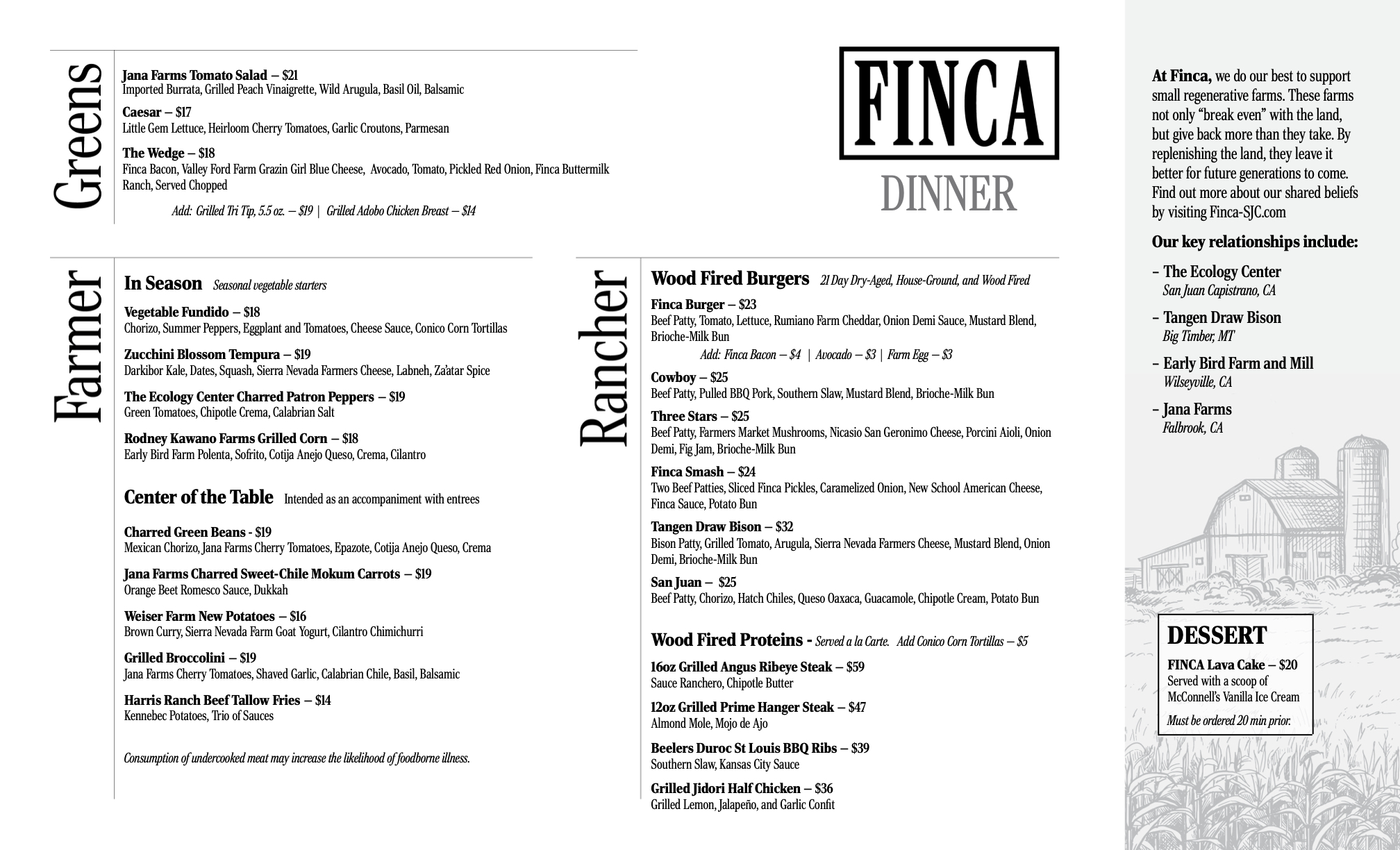 FINCA Dinner Menu FINCA dinner menu in San Juan Capistrano featuring seasonal dishes, wood-fired burgers and proteins