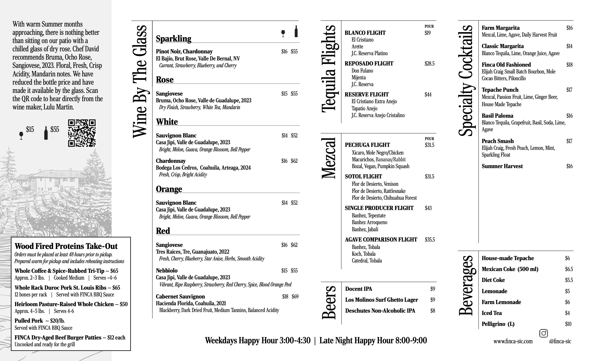 FINCA Beverage and Takeout Menu FINCA beverage and takeout menu featuring wine, tequila, mezcal, cocktails, beer and wood-fired proteins