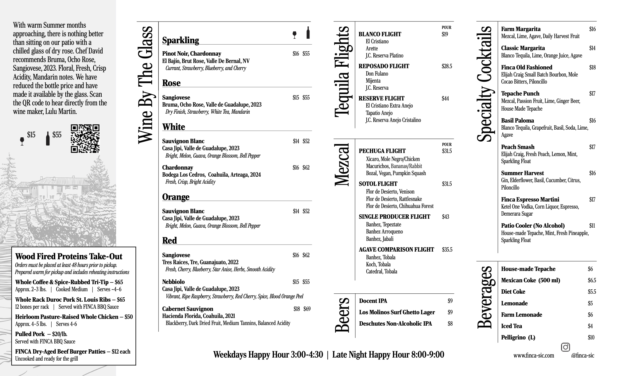 FINCA beverage and takeout menu featuring wine, tequila, mezcal, cocktails, beer and wood-fired proteins