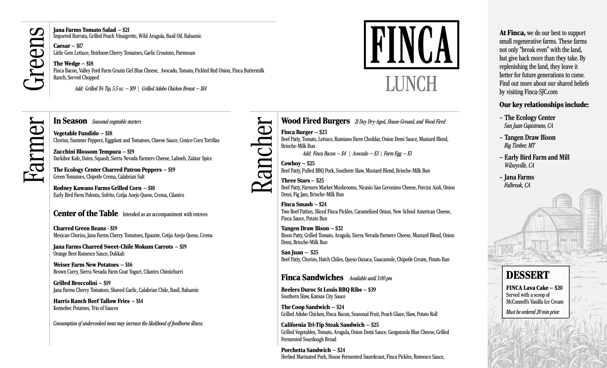 FINCA lunch menu featuring greens, seasonal dishes, wood-fired burgers, sandwiches and local farm partners